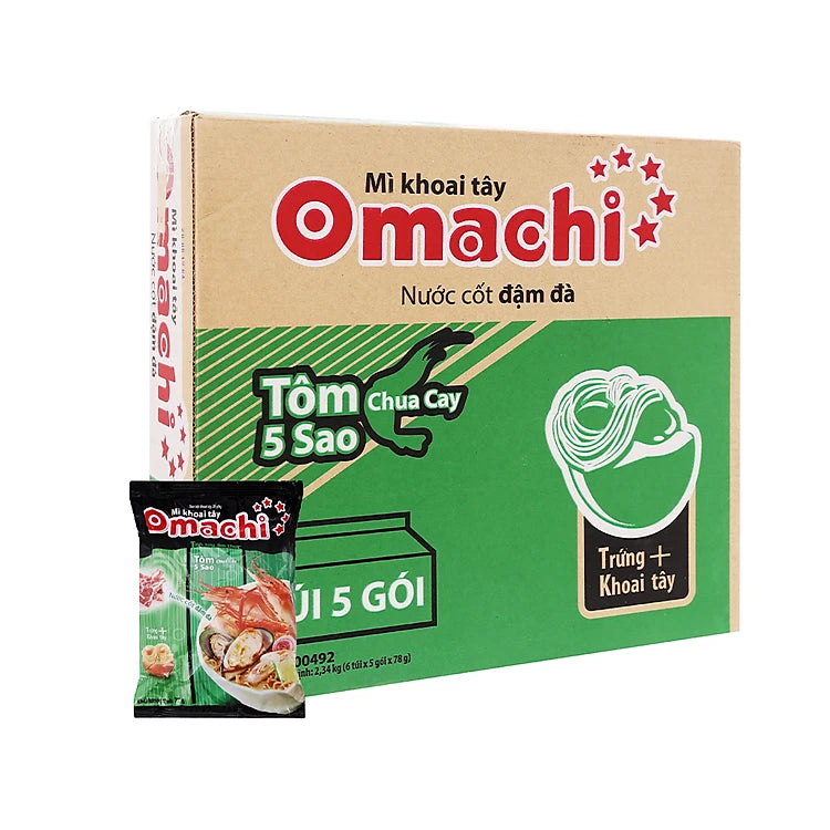 Box of 30 Packets Omachi Instant Noodle Shrimp Tom Chua Cay 80gX30 Thung 30 Goi