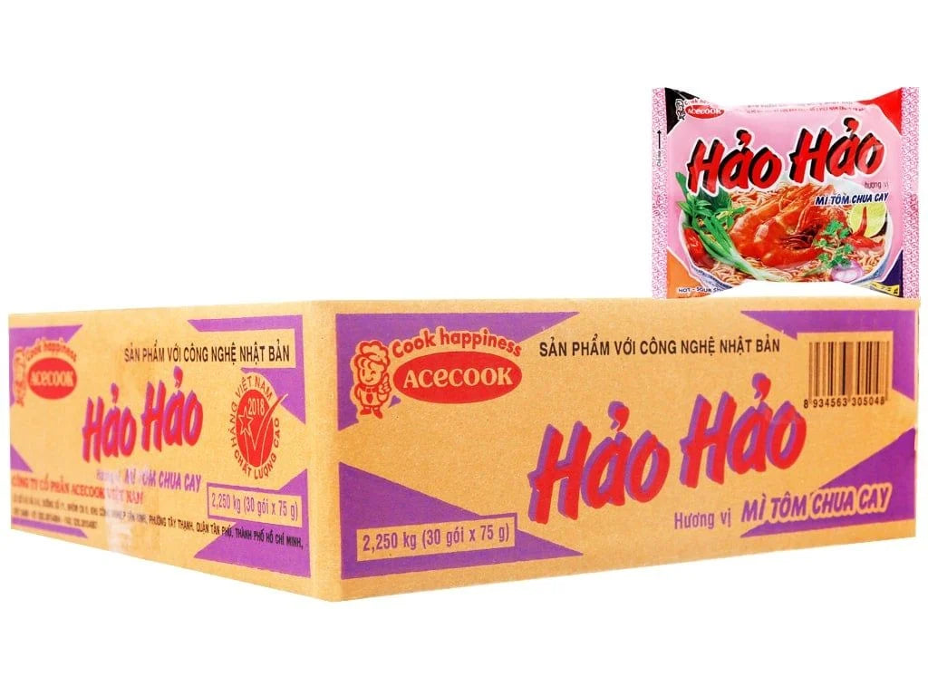 Box Of 30 Packs Acecook Hao Hao Mi Tom Chua Cay 75gx30 Thung 30 Goi